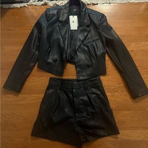 7 For All Man Kind - Faux Leather Cropped Blazer Jacket and Shorts Set in Black
